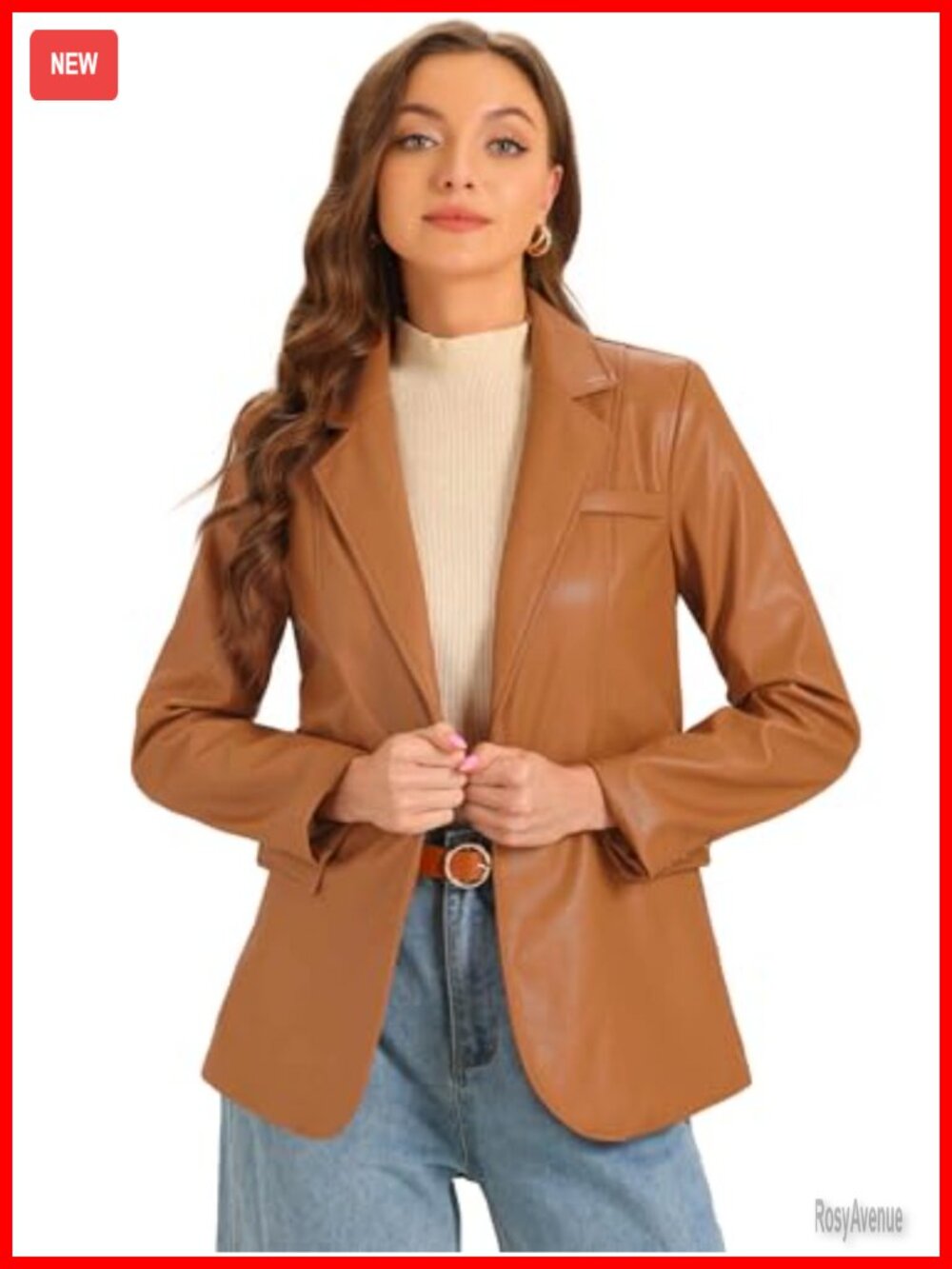 Faux Leather Jacket Women's Notch Lapel One Button Moto Casual Oversized Blazer